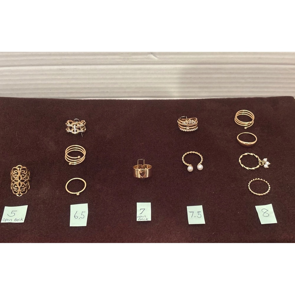 Gold Tone Fashion Ring Lot 11pc Assorted Sizes 5 6.5 7 7.5 8 Pearl Rhinestone